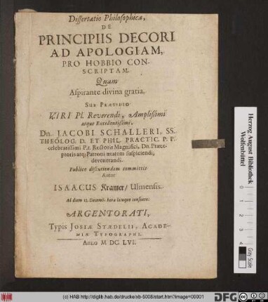 Dissertatio Philosophica, De Principiis Decori Ad Apologiam, Pro Hobbio Conscriptam