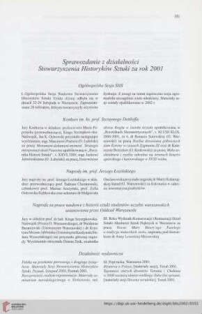 Sprawozdanie z działalności Stowarzyszenia Historyków Sztuki za rok 2001