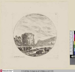 Antike Tempelruine mit lagernden Büffeln und Reiter im Hintergrund