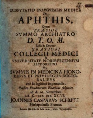 Dispvtatio Inavgvralis Medica De Aphthis