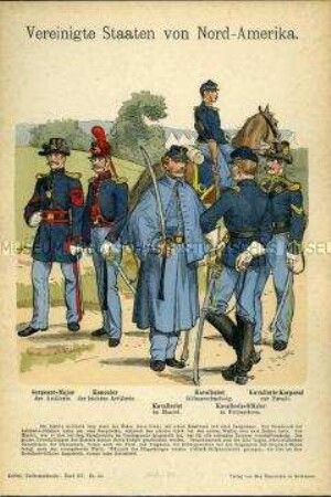 Uniformdarstellung, Sergeant-Major und Kanonier der Artillerie, Gemeine, Offizier und Korporal der Kavallerie, USA, 1858/1870.