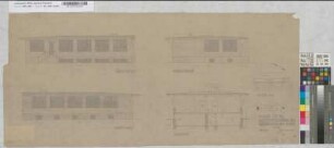 Entwurf für das Abfertigungsgebäude der Güterabfertigung Bocholt: Ansichten, Querschnitt, Lageplan, M. 1:50 und M. 1:1.000 Hga, Sknr.: 1, Fanr.: 1, Bunr.: 2