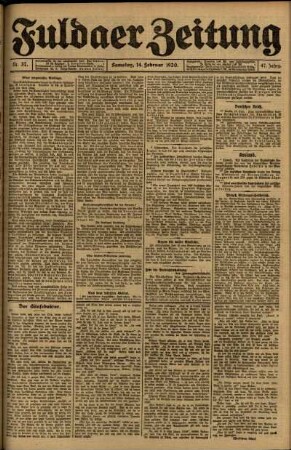 Erste Ausgabe vom Samstag, den 14. Februar 1920.