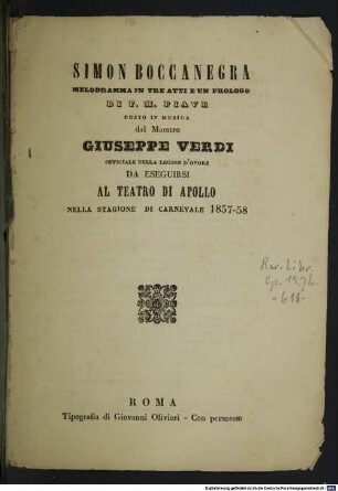 Simon Boccanegra : melodramma in tre atti e un prologo : da eseguirsi al Teatro di Apollo nella stagione di carnevale 1857-58