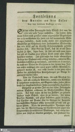 Fortsetzung der Anrede an den Leser bey der dritten Ausgabe 1786