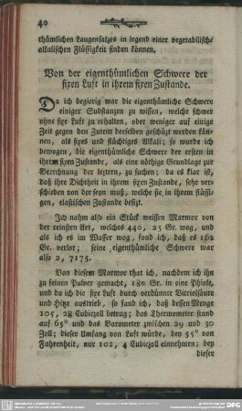 Von der eigenthümlichen Schwere der fixen Luft in ihrem fixen Zustande
