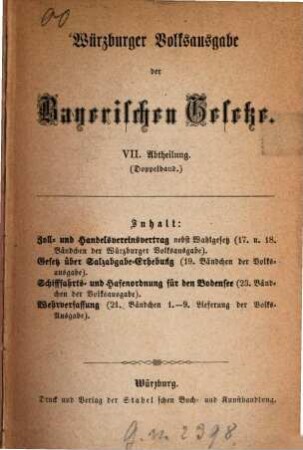 Würzburger Volksausgabe bayerischer Gesetze. 7/8. 1867/68