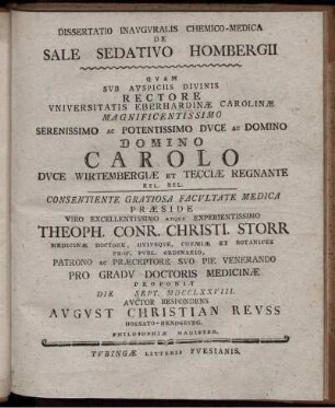 Dissertatio Inavgvralis Chemico-Medica De Sale Sedativo Hombergii