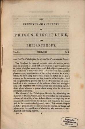 Pennsylvania journal of prison discipline and philanthropy. 3. 1847, Nr. 1 = Apr.