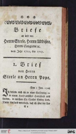 Briefe an und von Herrn Steele, Herrn Addison, Herrn Congreve [et]c. vom Jahr 1712, bis 1715