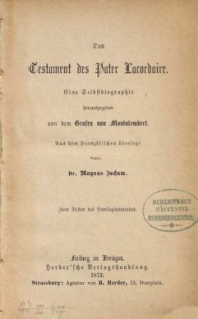 Das Testament des Pater Lacordaire : eine Selbstbiographie