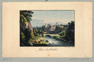 Ortsansicht von Lohmen über dem Wesenitztal in der Sächsischen Schweiz mit Schloss und Kirchturm von Westen, im Vordergrund eine Kuhherde