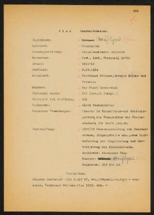 Akademietheater, Wien: Schriftstück zum Fragebogen für das Handbuch »Das Deutsche Theater«