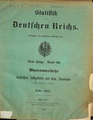 Waarenverkehr des deutschen Zollgebiets mit dem Auslande. 33 = 1887 (1888)