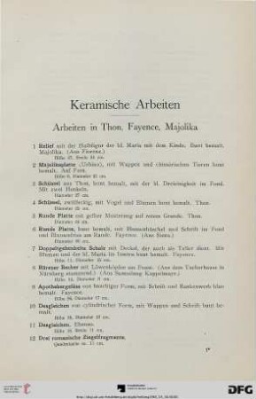 Arbeiten in Thon, Fayence, Majolika (Nr. 1-12)