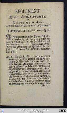 Reglement des Herrn Grafen d'Estrées und Printzen von Soubise Commendanten der königl. Armée in Teutschland.