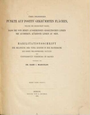Über diejenigen Punkte auf positiv gekrümmten Flächen, welche die Eigenschaft haben, dass die von ihnen ausgehenden geodätischen Linien nie aufhören, Kürzeste Linien zu sein