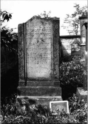 Grabstein 28 (Index: 99801885) Material: Sandstein Zustand: oberer Teil abgebrochen Maße HxBxT: 140x58x16 cm Beschreibung: ädikulaartige Stele mit Pilastern, getreppter Sockel: Grabstein 28