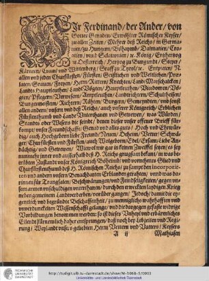 Wir Ferdinand/der Ander/von Gottes Genaden/Erwöhlter Römischer Keyser/zu allen Zeiten/ ...