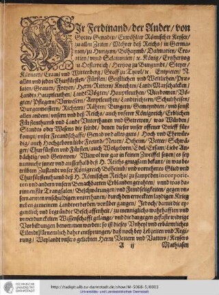 Wir Ferdinand/der Ander/von Gottes Genaden/Erwöhlter Römischer Keyser/zu allen Zeiten/ ...