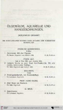 Ölgemälde, Aquarelle und Handzeichnungen (Nr. 1-150)