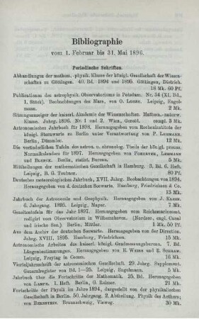 Bibliographie vom 1. Februar bis 31. Mai 1896.