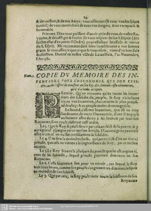 Copie Du Memoire Des Inventions Pour L'Oeconomie ...