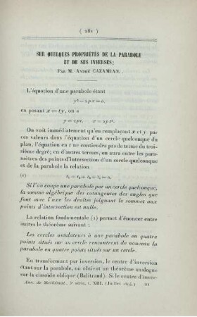 Sur quelques propriétés de la parabole et de ses inverses.
