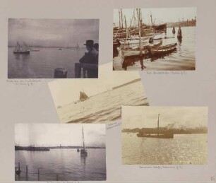 links oben: Blick von der Vinetabrücke rechts oben: Kiel, Handelshafen Mitte: Iduna links unten: Segelyacht rechts unten: Kaiserliche Werft