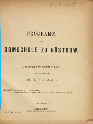 Programm der Domschule zu Güstrow : ausgegeben Ostern ... 1886/87