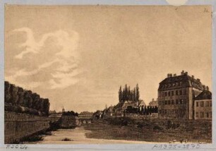 Blatt 36 aus "Dresdens Festungswerke im Jahre 1811" vor der Demolierung: Blick von der Seetorbrücke nach Osten über den Stadtgraben