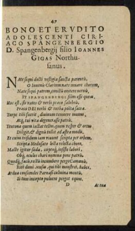 Bono Et Erudito Adolescenti Ciriaco Spangenbergio D. Spangenbergii filio Ioannes Gigas Northusanus.
