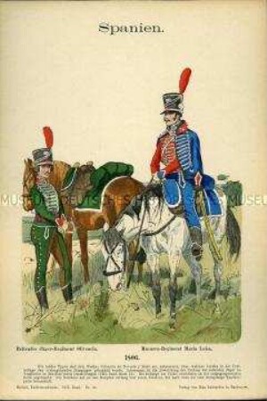 Uniformdarstellung, Reiter des Jäger-Regiments zu Pferde bzw. des Husaren-Regiments, Königreich Spanien, 1806.
