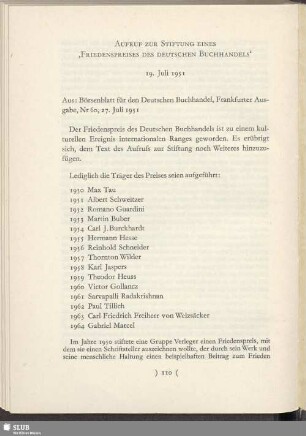 Aufruf zur Stiftung eines "Friedenspreises des deutschen Buchhandels"