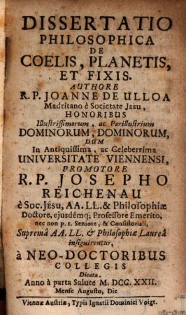 Dissertatio philosophica de coelis, planetis et fixis