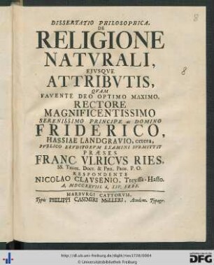 Dissertatio Philosophica, De Religione Natvrali, Ejvsqve Attribvtis