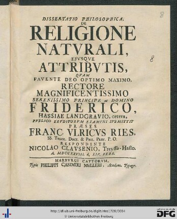 Dissertatio Philosophica, De Religione Natvrali, Ejvsqve Attribvtis