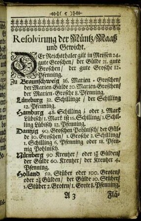 Resolvirung der Müntz/ Maaß und Gewicht.