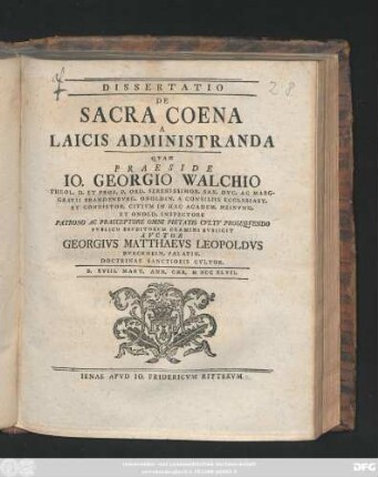 Dissertatio De Sacra Coena A Laicis Administranda
