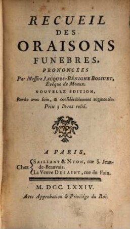 Recueil des oraisons funebres