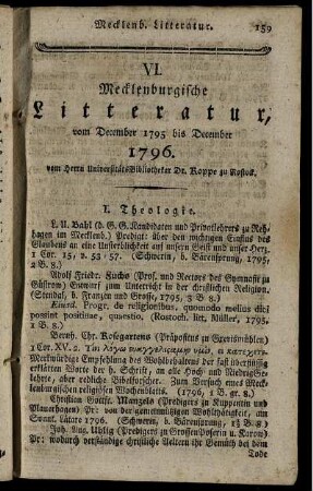 VI. Mecklenburgische Litteratur, vom December 1795 bis December 1796