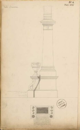 Grabdenkmal Monatskonkurrenz Juli 1875: Grundriss, Aufriss Seitenansicht; Maßstabsleiste