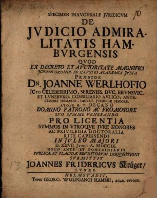 Specimen Inavgvrale Jvridicvm De Jvdicio Admiralitatis Hambvrgensis