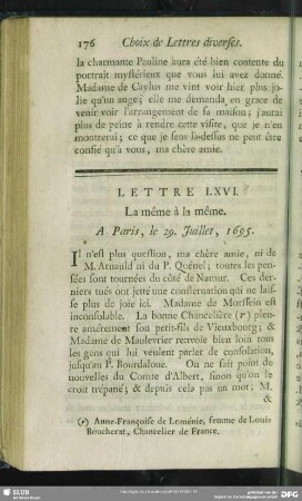 Lettre LXVI. La même à la même. A Paris, le 29. Juillet, 1695