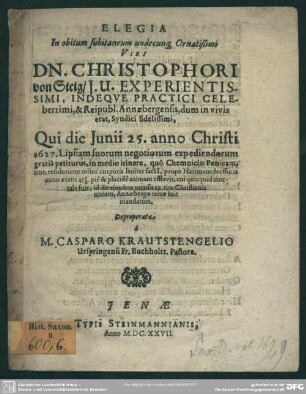 Elegia in obitum subitaneum ... Christophori von Steig