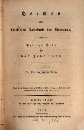 Hermes oder kritisches Jahrbuch der Literatur. 1820,3