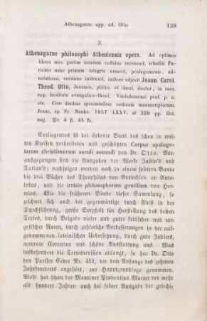 139-148 [Rezension] Athenagoras Atheniensis, Athenagorae Philosophi Atheniensis Opera