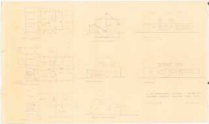 Garten Kantelberg, Berlin-Alt-Biesdorf: Grundrisse von Kellergeschoss, Erdgeschoss und Dachgeschoss, Schnitt, 4 Ansichten 1:100 [Zeichnung des Architekten zum An- und Umbauprojekt]]