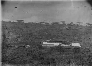 DOAG Station : Die Station Marangu der Deutsch-Ostafrikanischen Gesellschaft (DOAG). Im Hintergrund weitere Stationsgebäude und Schirmakazien