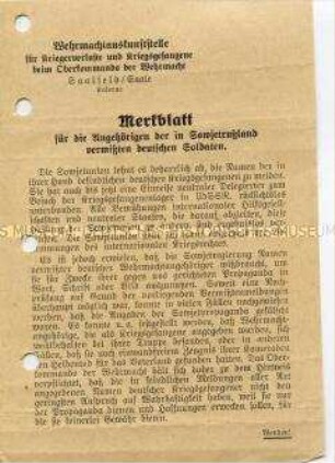 Merkblatt der Wehrmacht für die Angehörigen der in der Sowjetunion vermissten Soldaten